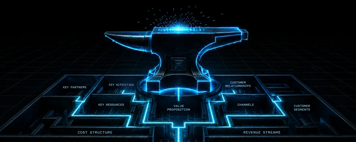 Forge business-model optimization — a glowing anvil above the business model canvas