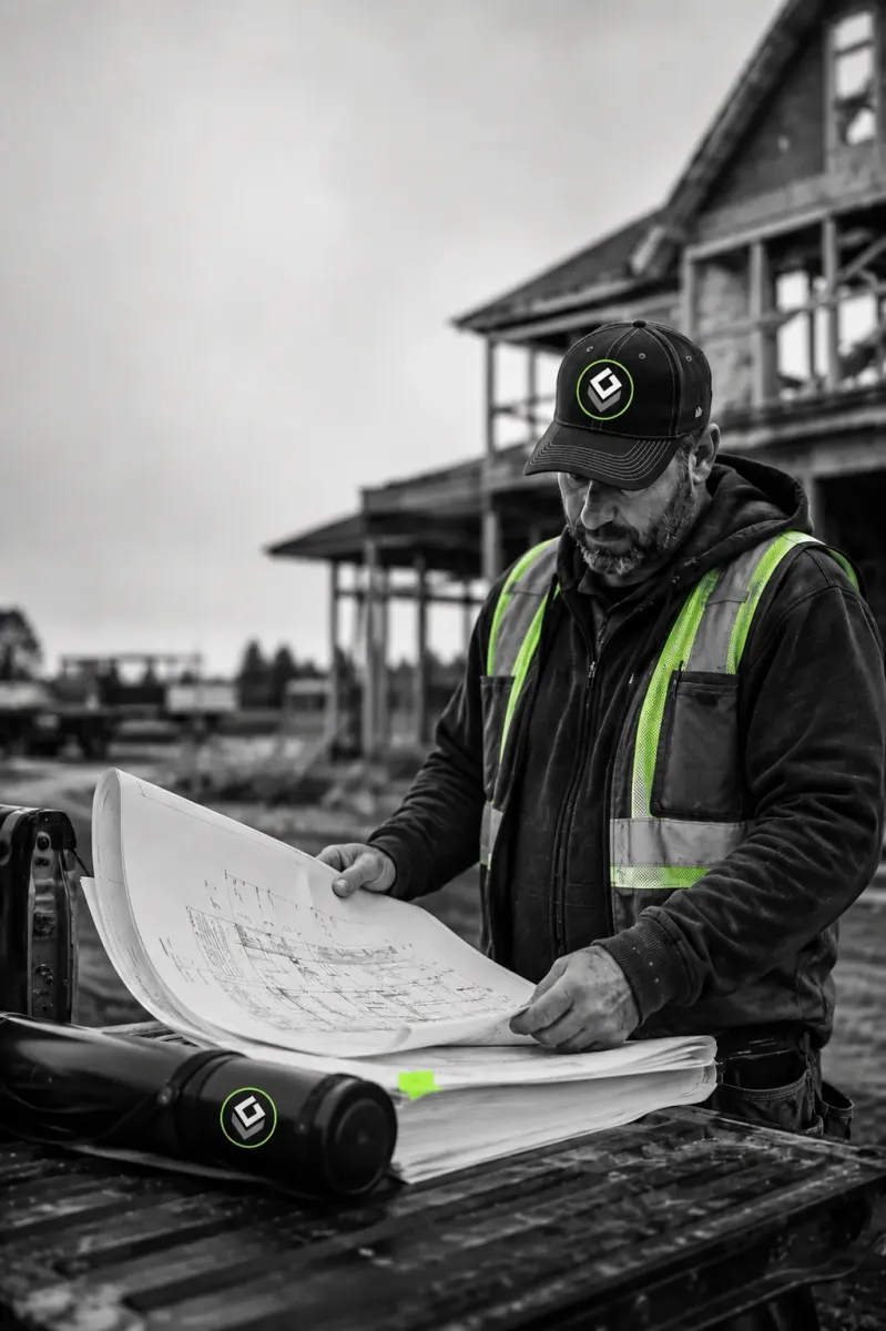 GV Drafting contractor reviewing permit-ready construction documents on site