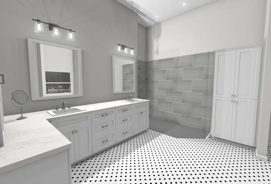 Photoreal 3D render of a primary bathroom