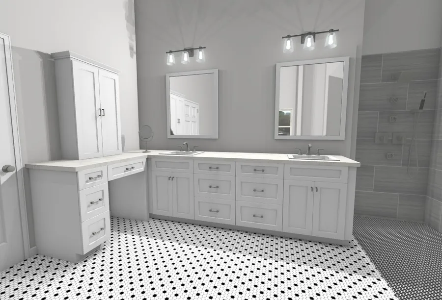 Photoreal 3D render of a bath vanity and cabinetry