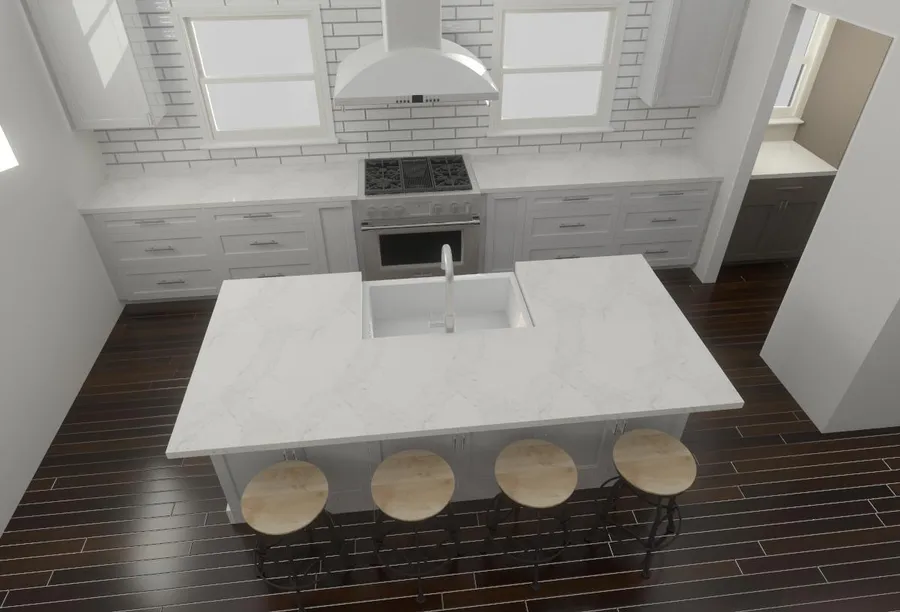 Photoreal 3D render of a custom kitchen with island