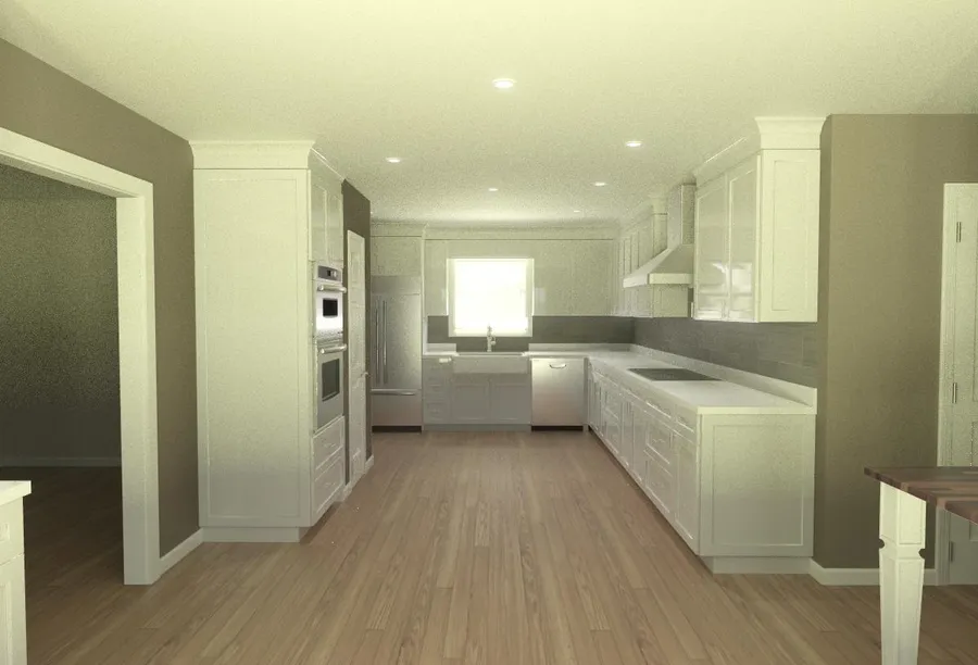 Photoreal 3D render of a kitchen with custom cabinetry