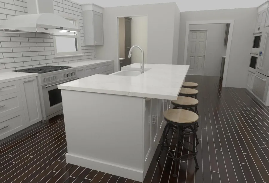 Photoreal 3D render of a kitchen, alternate angle