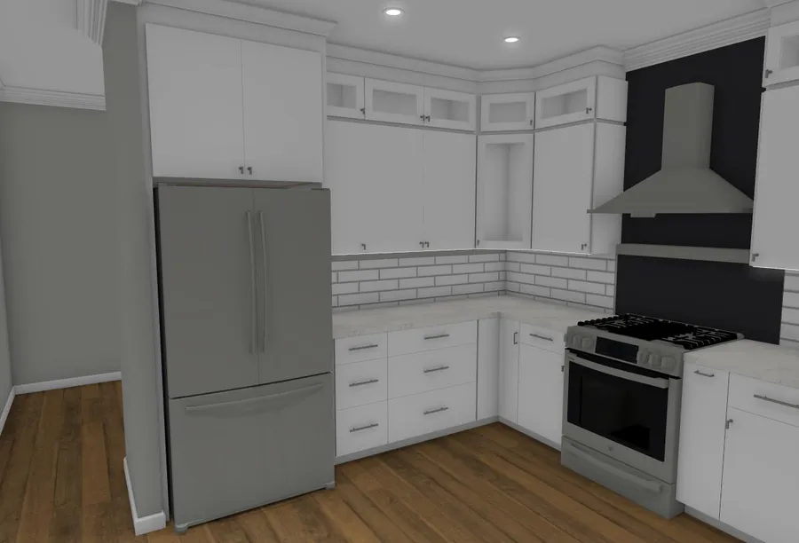 Photoreal 3D render of an open-plan kitchen